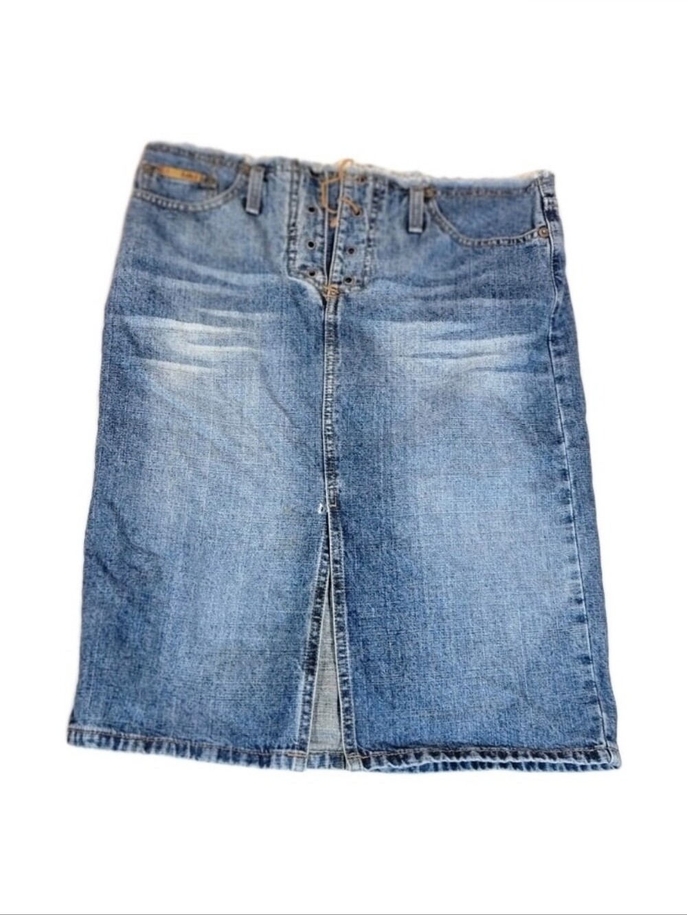 Vintage Y2K L.E.I. Blue Jean Denim Knee Length Lace Up Mini Skirt Juniors Size 7